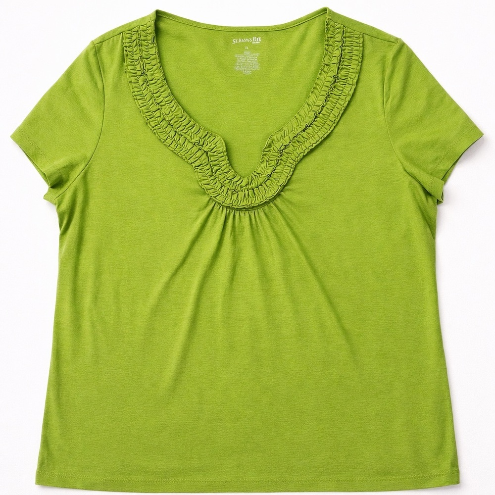 Green Ruched Neck Tee Shirt Lightweight Casual Short Sleeve XL - Picture 2 of 6